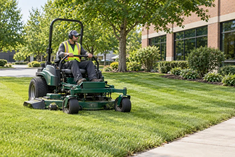 Illustrative groundskeeper mowing a commercial lawn